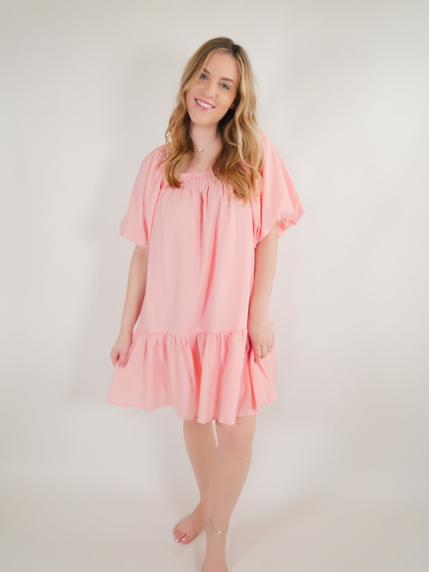 On The Horizon Pink Mini Dress with Puff Sleeves