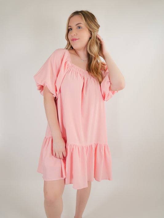 On The Horizon Pink Mini Dress with Puff Sleeves