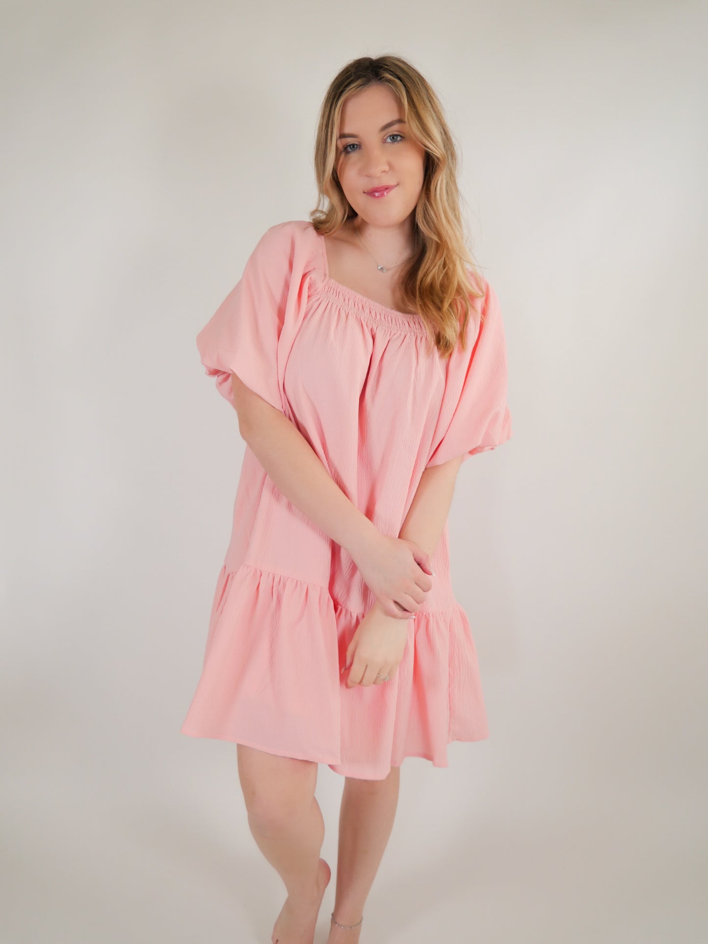 On The Horizon Pink Mini Dress with Puff Sleeves