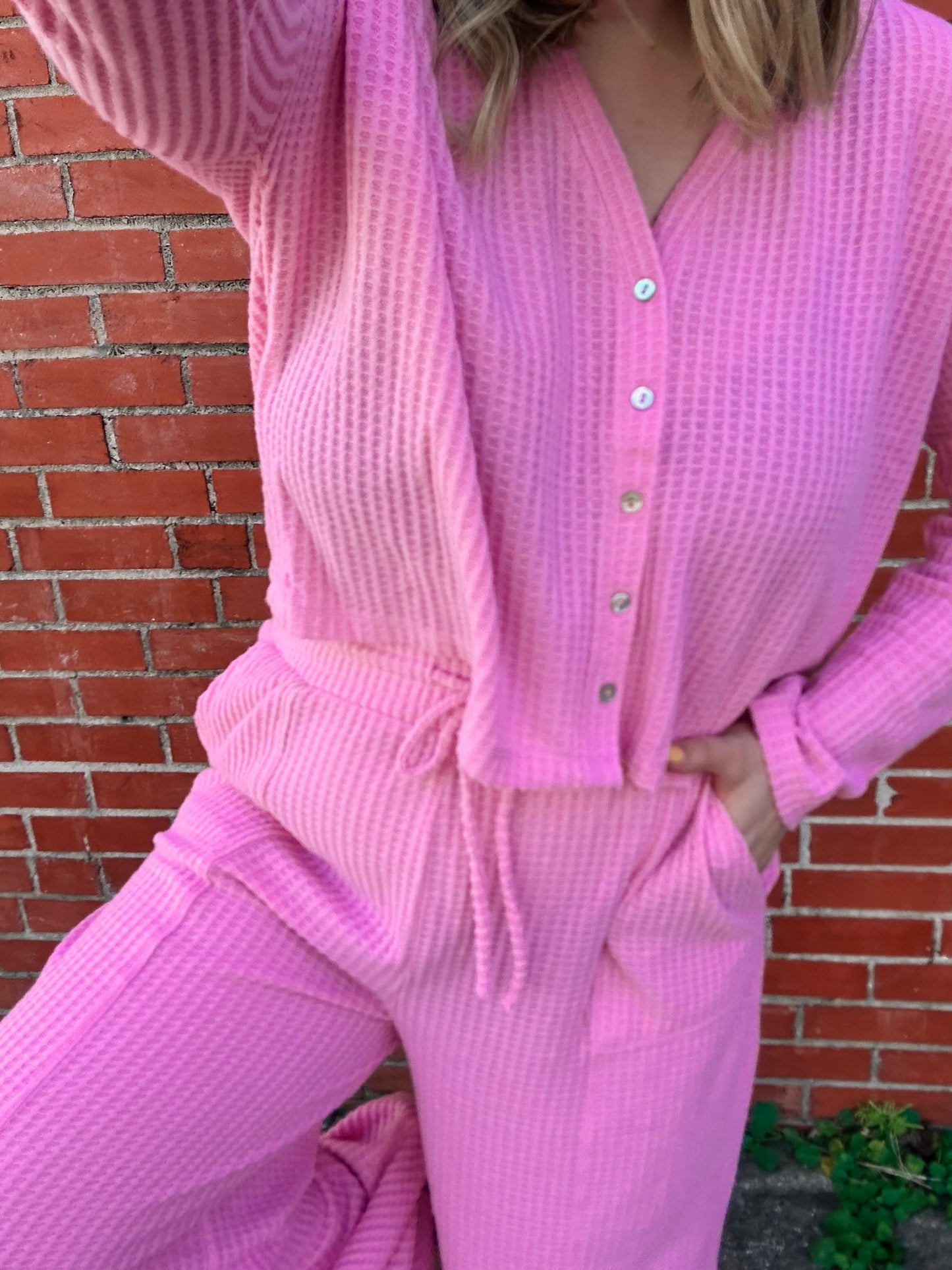 Happiest Here Pink Waffle Knit Lounge Set