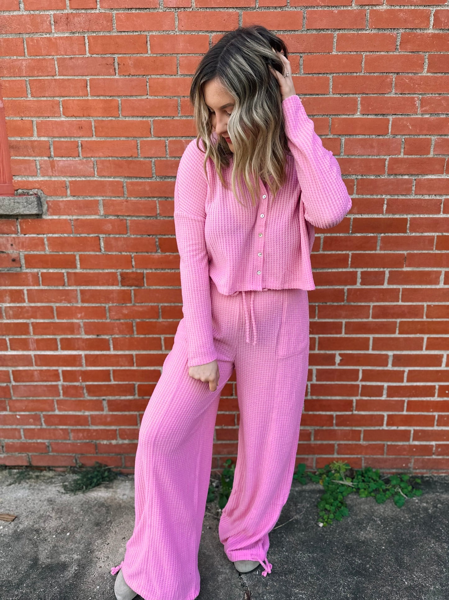 Happiest Here Pink Waffle Knit Lounge Set