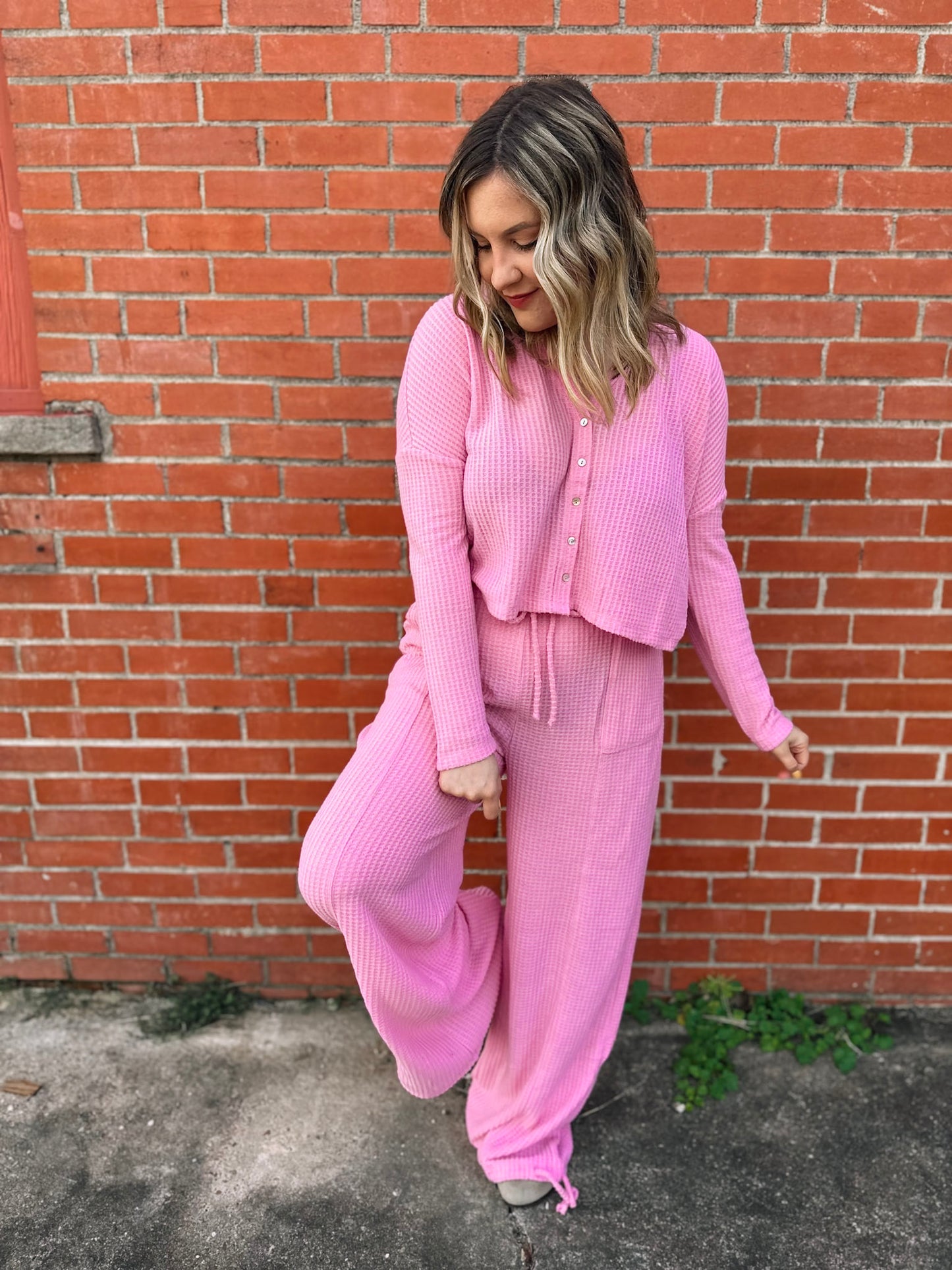 Happiest Here Pink Waffle Knit Lounge Set