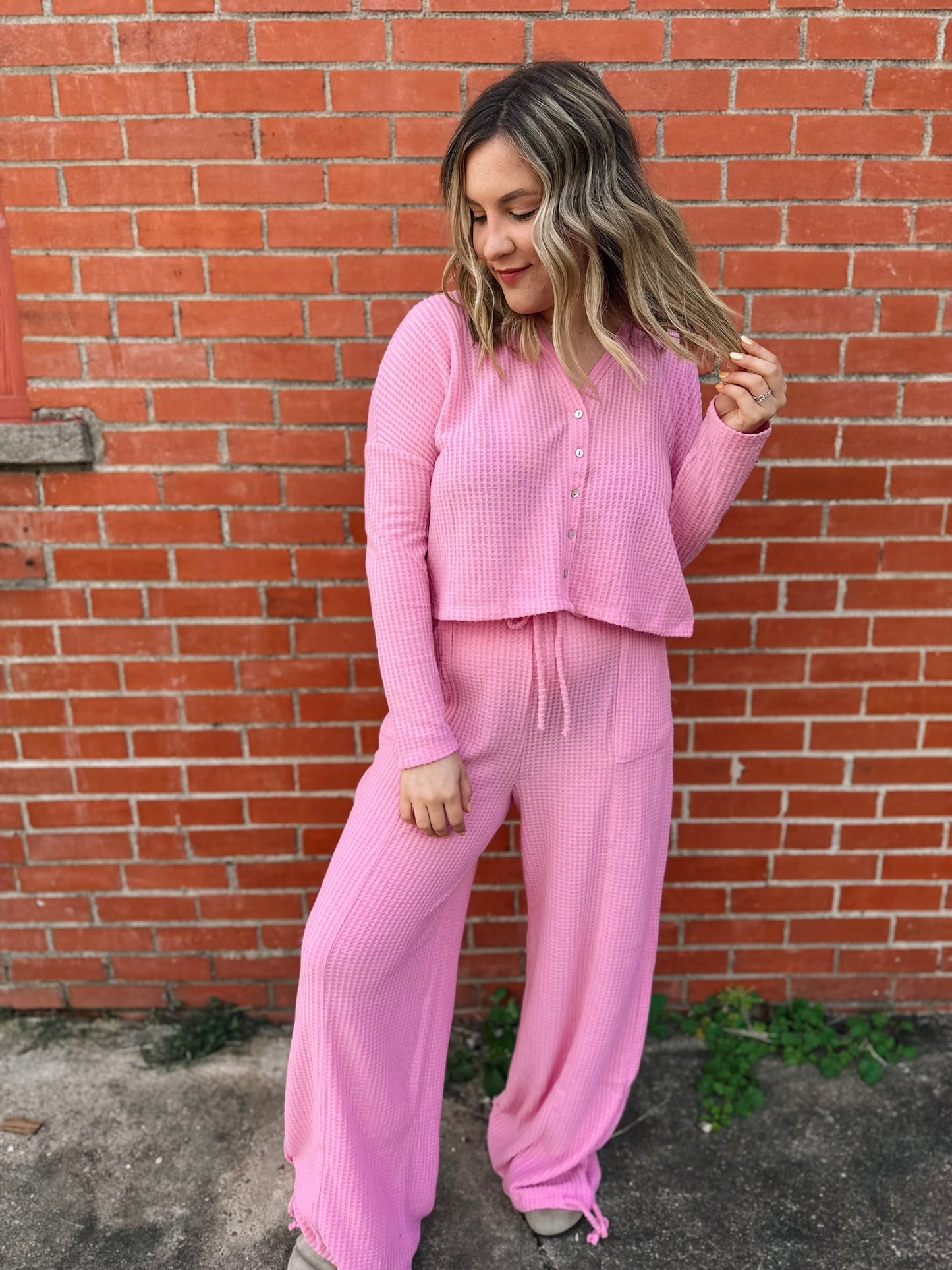 Happiest Here Pink Waffle Knit Lounge Set