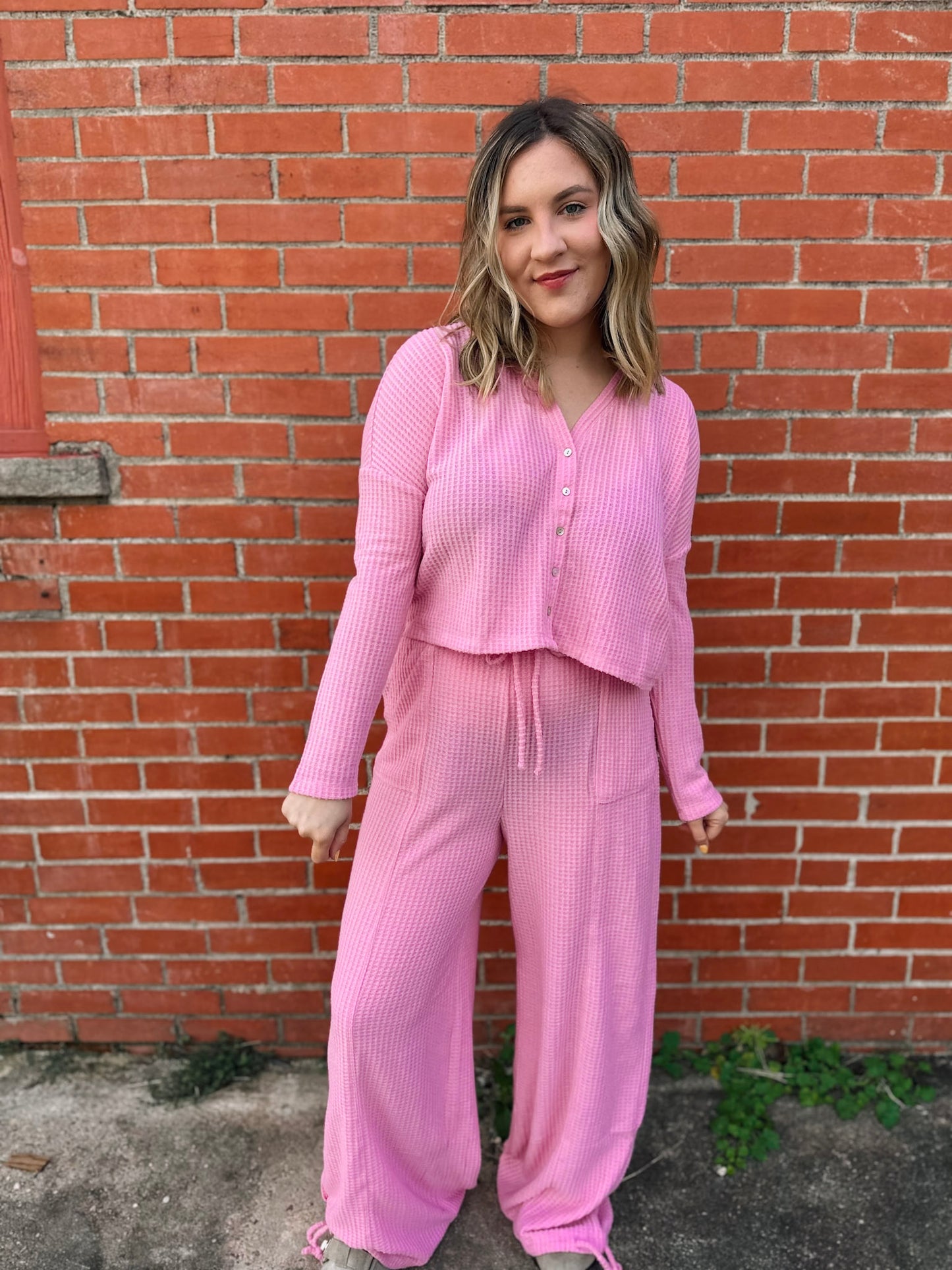 Happiest Here Pink Waffle Knit Lounge Set