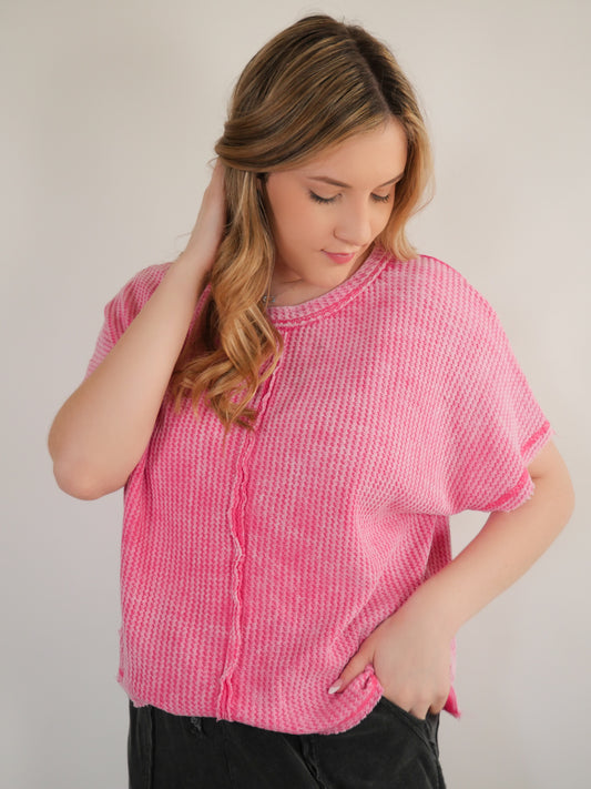 It Girl Status Pink Mineral Washed Waffle Knit Top