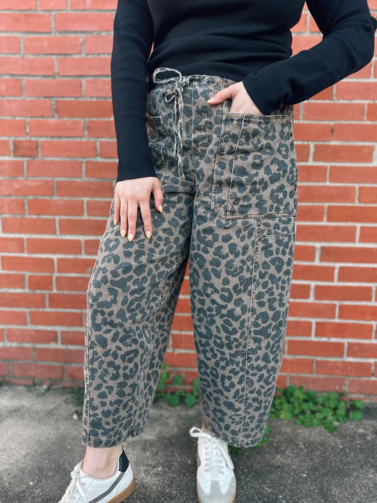 Whenever Possible Leopard Barrel Denim Pants