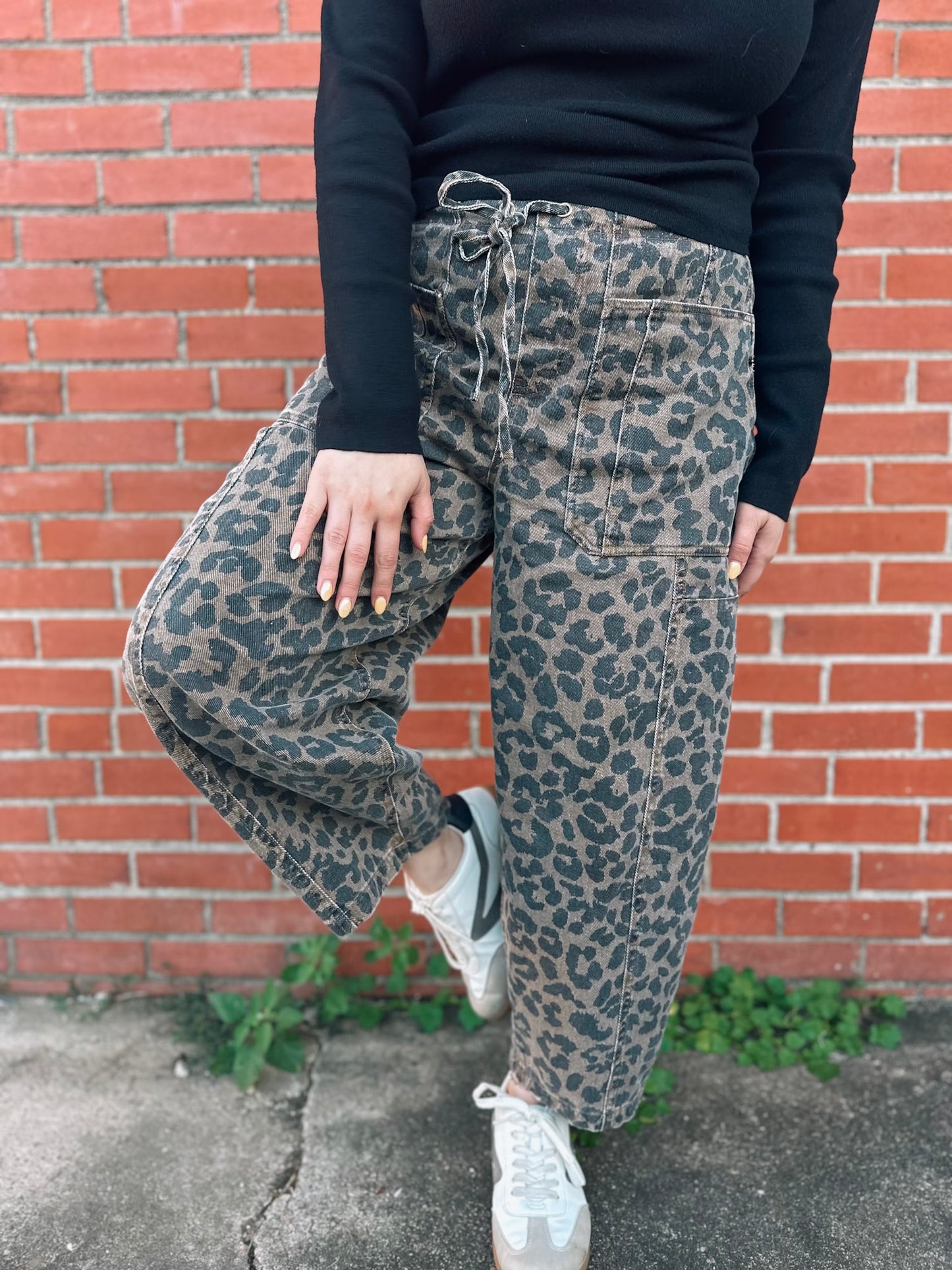 Whenever Possible Leopard Barrel Denim Pants