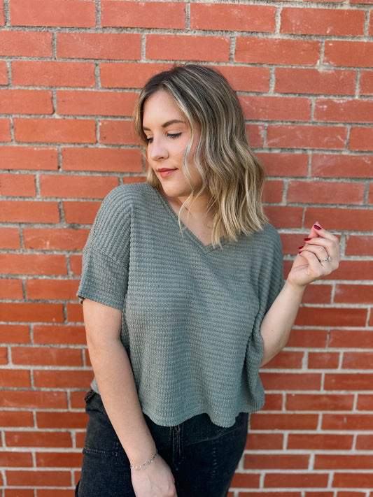 Believe In Me Olive Waffle Knit Drop Shoulder Top