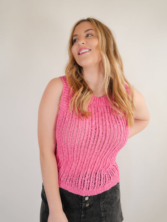 New Chapter Pink Crochet Knit Tank