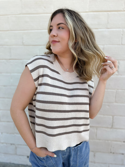 Leisure Time Oatmeal and Mocha Striped Sweater Top