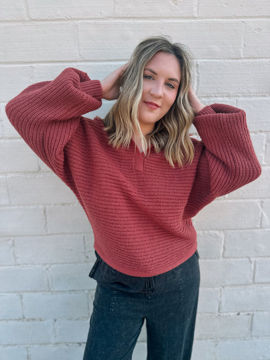 Lovely Day Rust Knit Collared Pullover