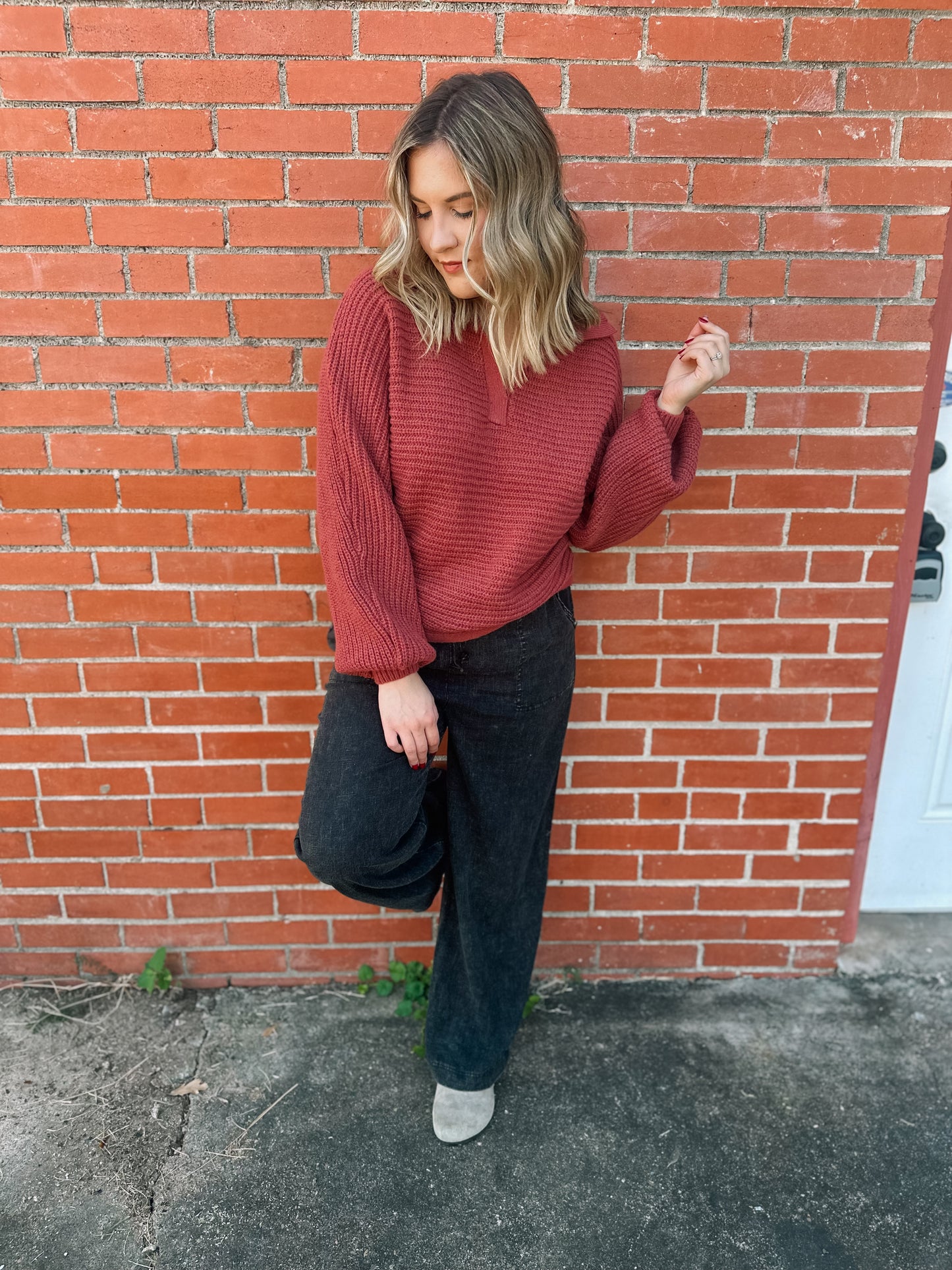 Lovely Day Rust Knit Collared Pullover