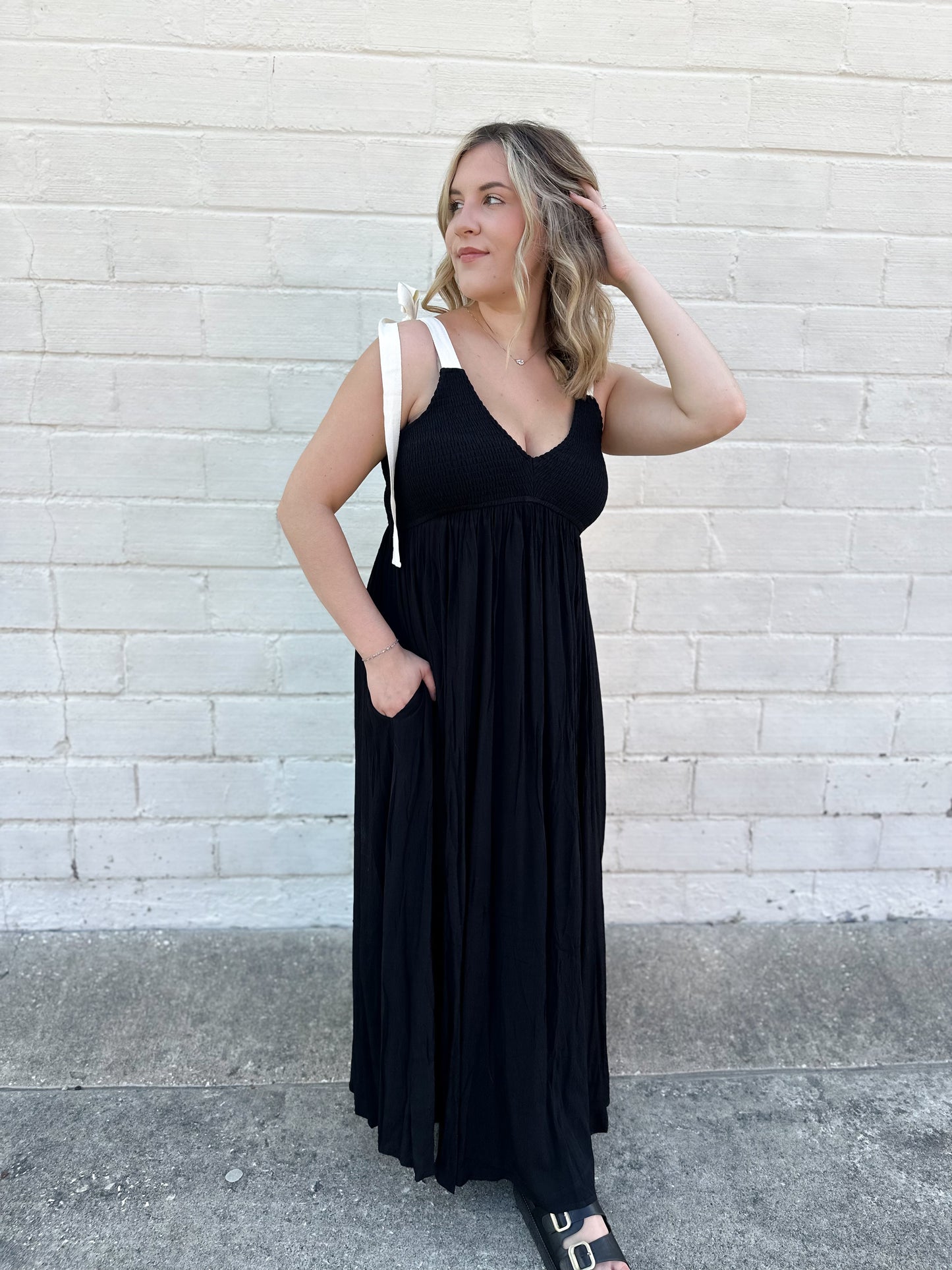 Class Act Black Smocked Maxi Dress