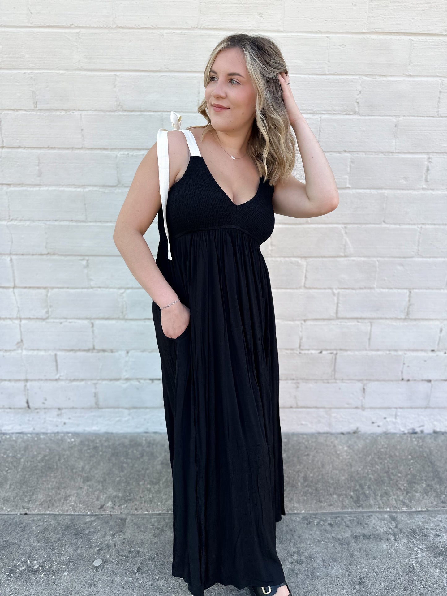 Class Act Black Smocked Maxi Dress