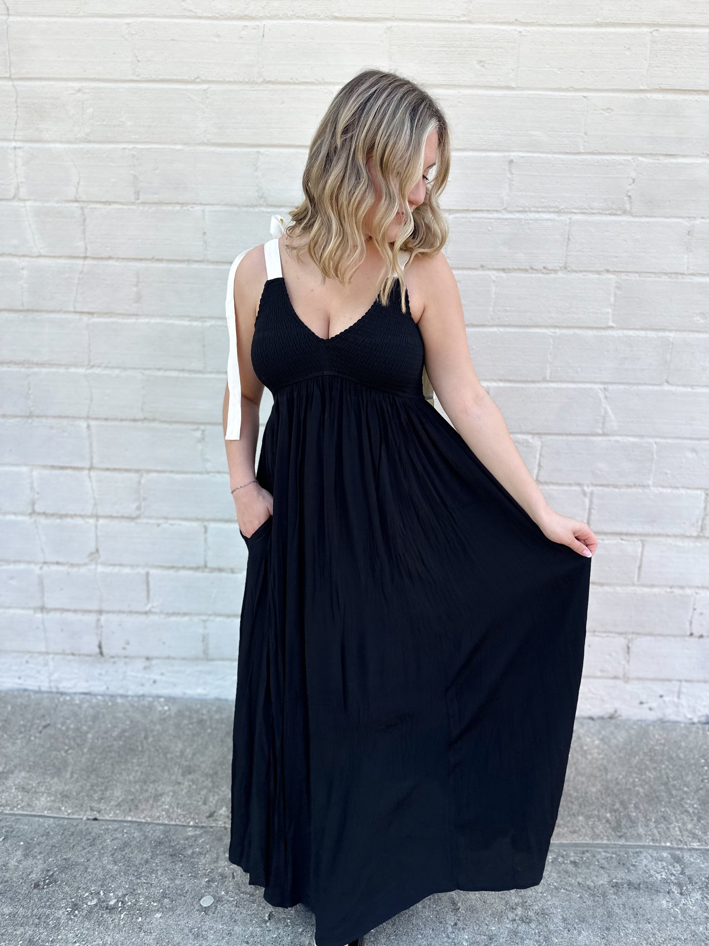 Class Act Black Smocked Maxi Dress