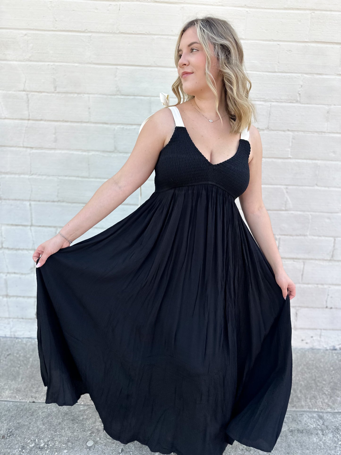 Class Act Black Smocked Maxi Dress