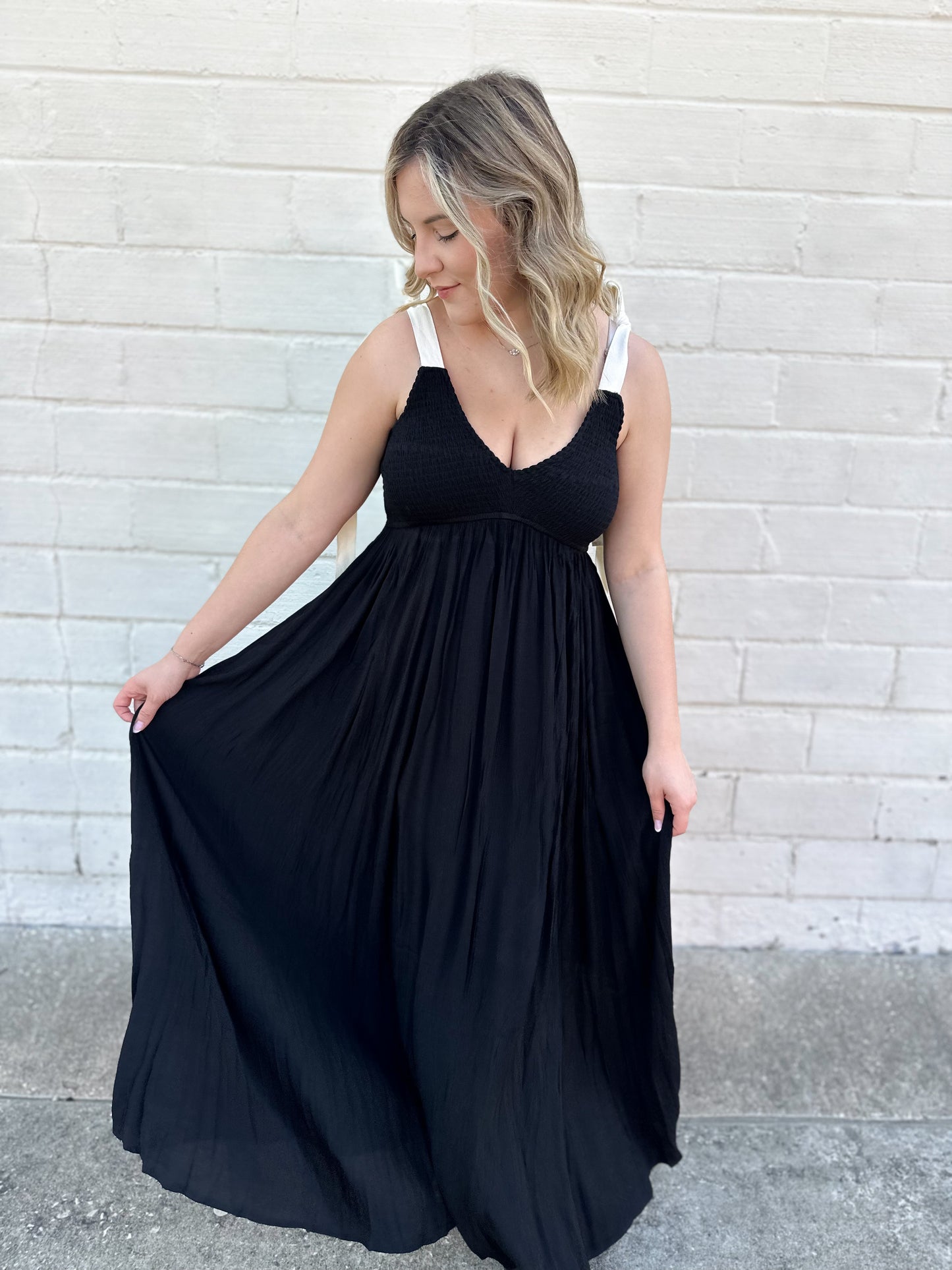 Class Act Black Smocked Maxi Dress