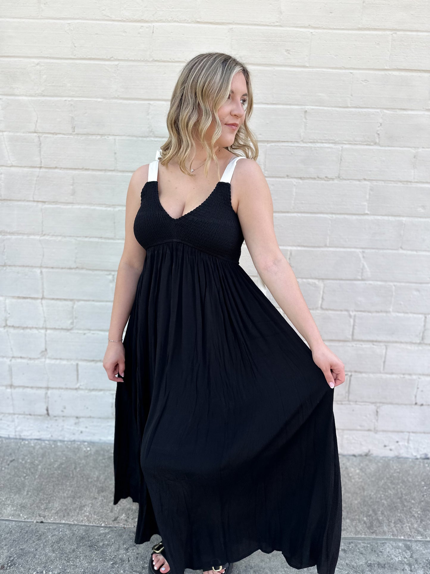 Class Act Black Smocked Maxi Dress