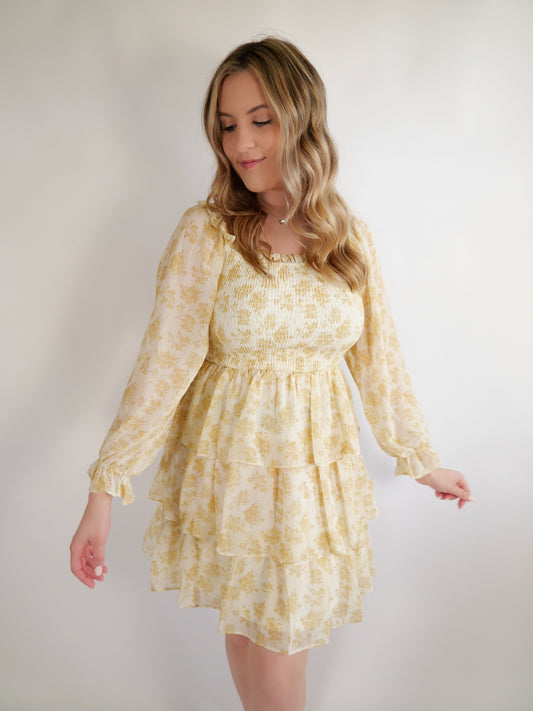 Simply Flourishing Yellow Smocked Tiered Mini Dress