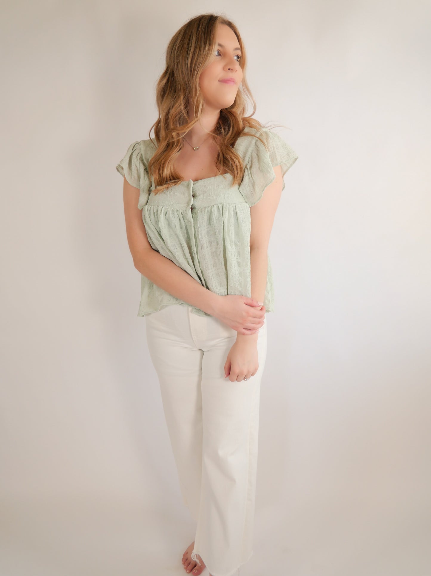 Seize The Day Mint Ruffle Sleeve Button Up Top