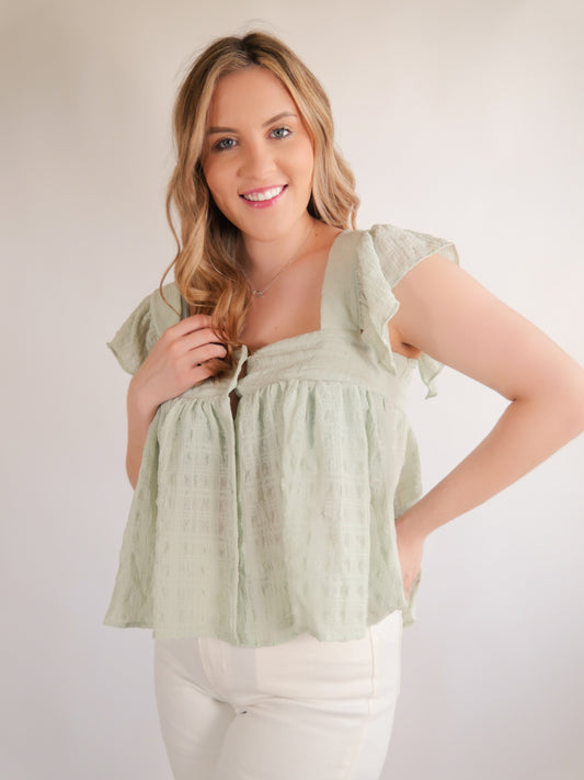 Seize The Day Mint Ruffle Sleeve Button Up Top