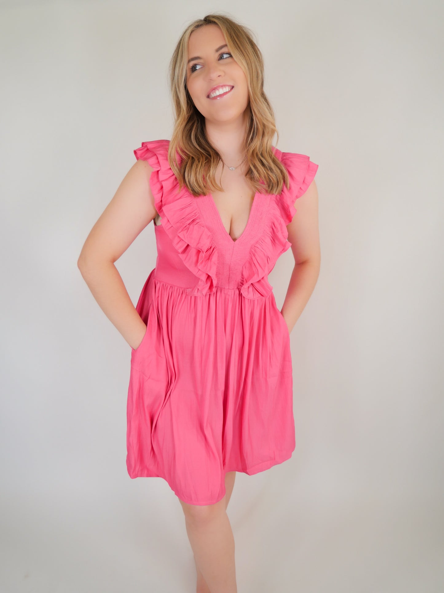 My Little Love Pink V Neck Ruffle Mini Dress