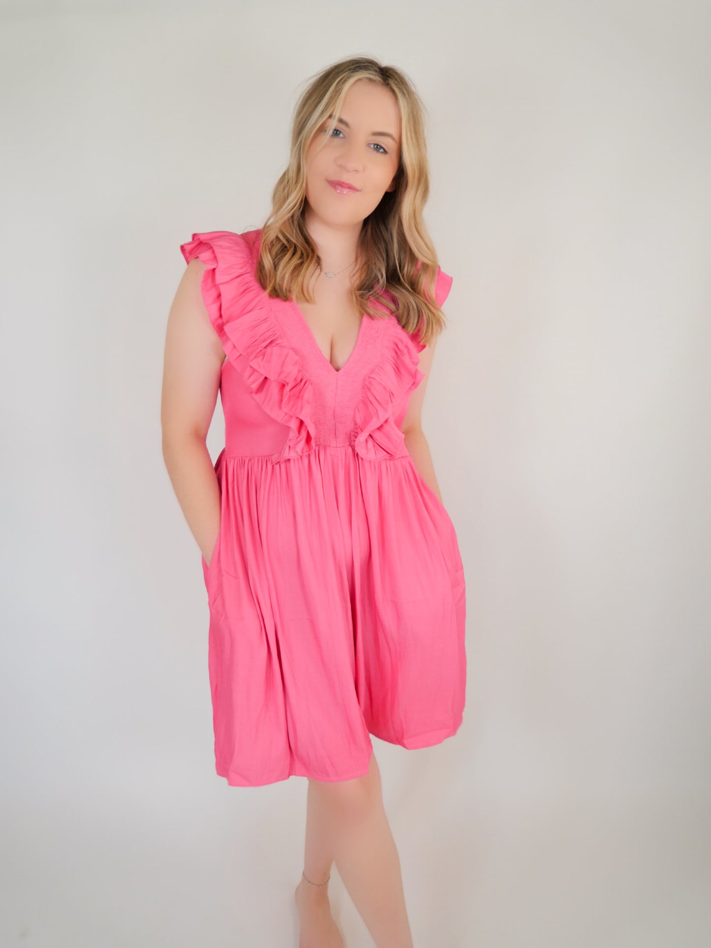 My Little Love Pink V Neck Ruffle Mini Dress