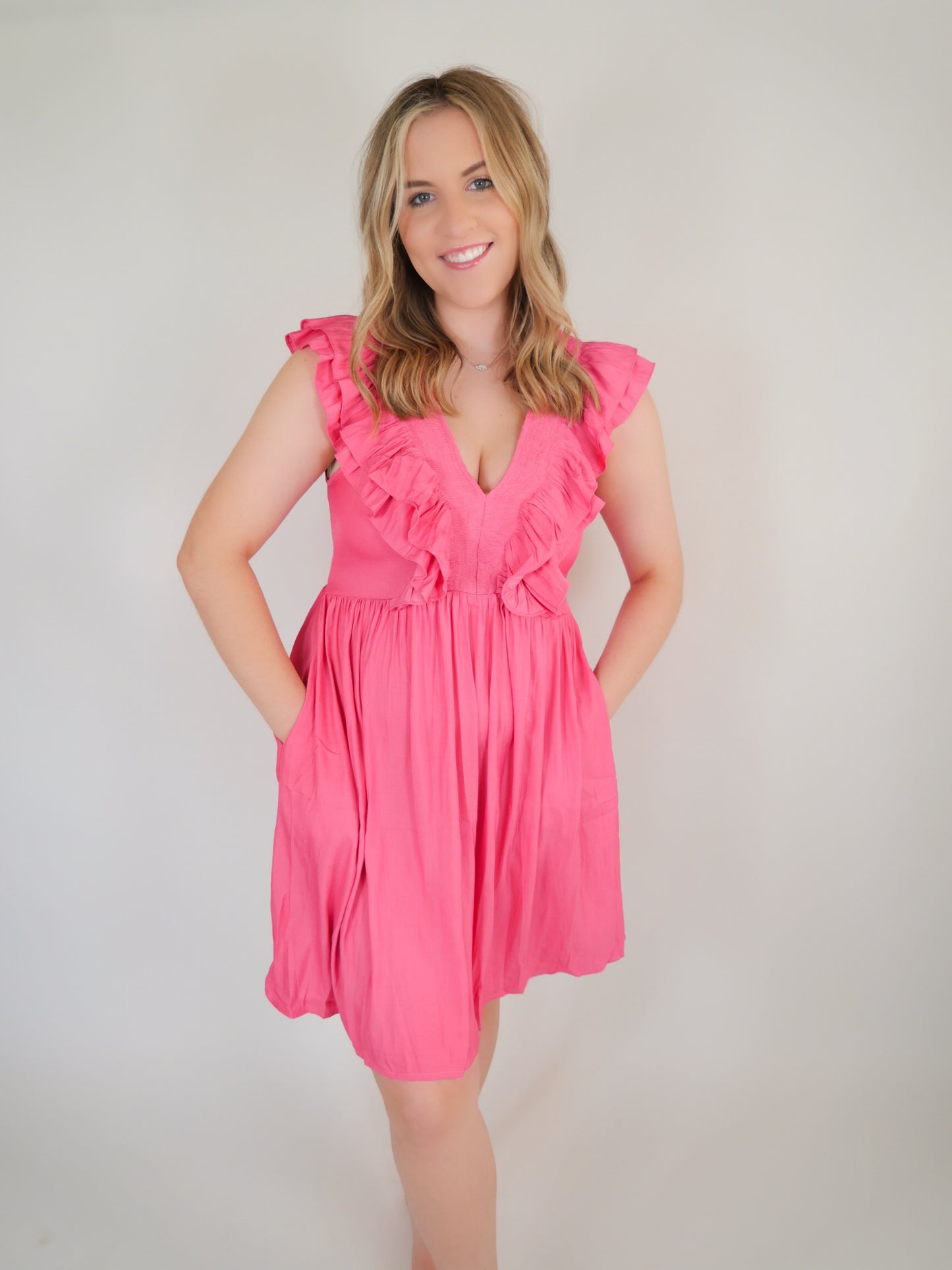 My Little Love Pink V Neck Ruffle Mini Dress