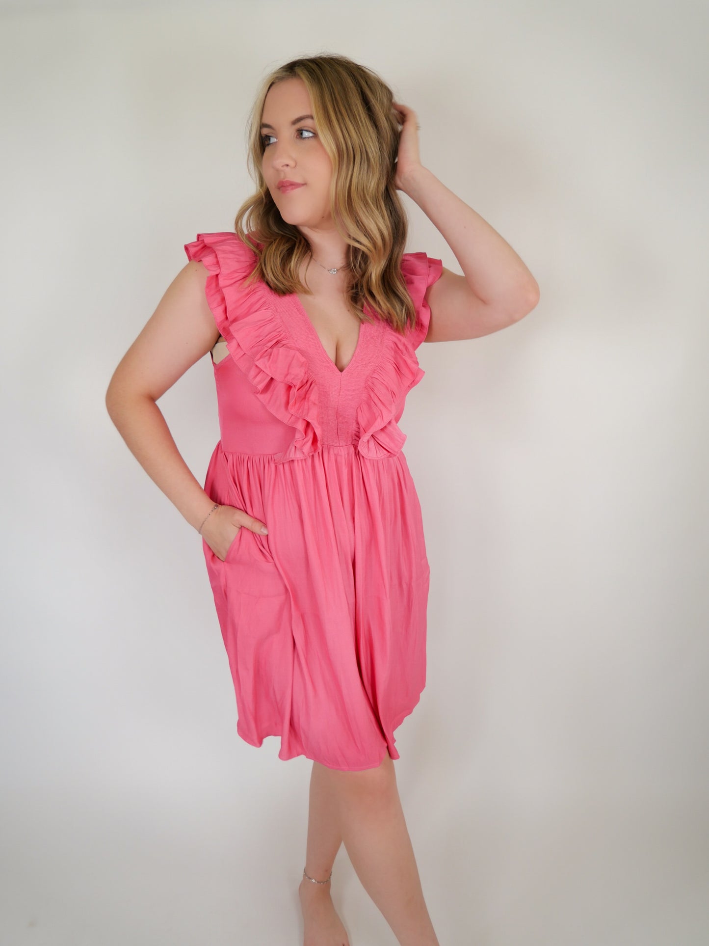 My Little Love Pink V Neck Ruffle Mini Dress