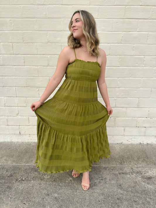 Cherished Memories Kiwi Shirred Midi Dress