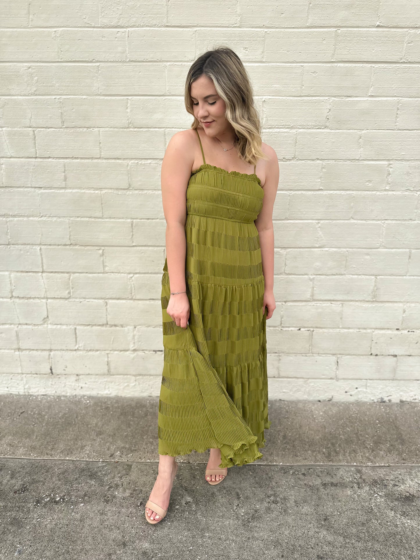 Cherished Memories Kiwi Shirred Midi Dress