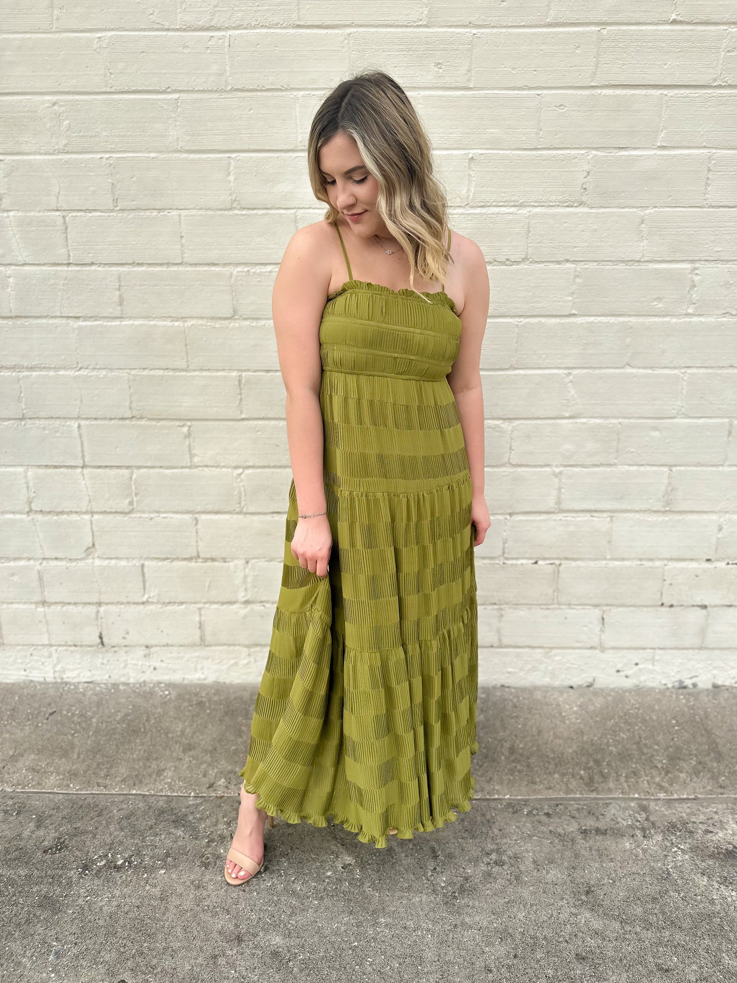 Cherished Memories Kiwi Shirred Midi Dress