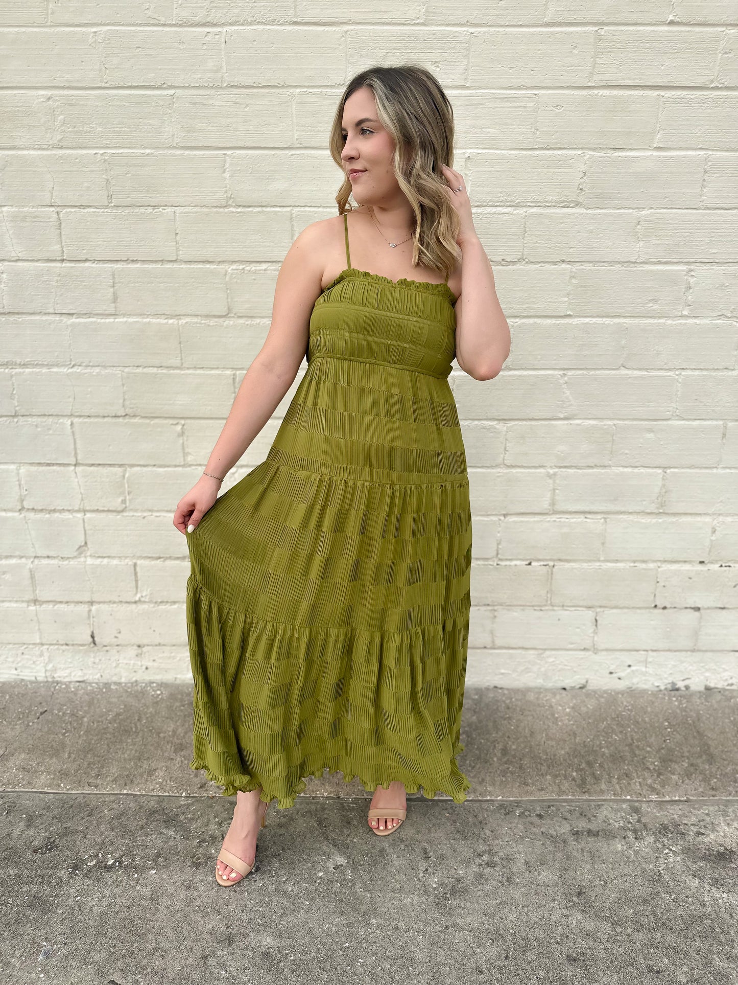 Cherished Memories Kiwi Shirred Midi Dress