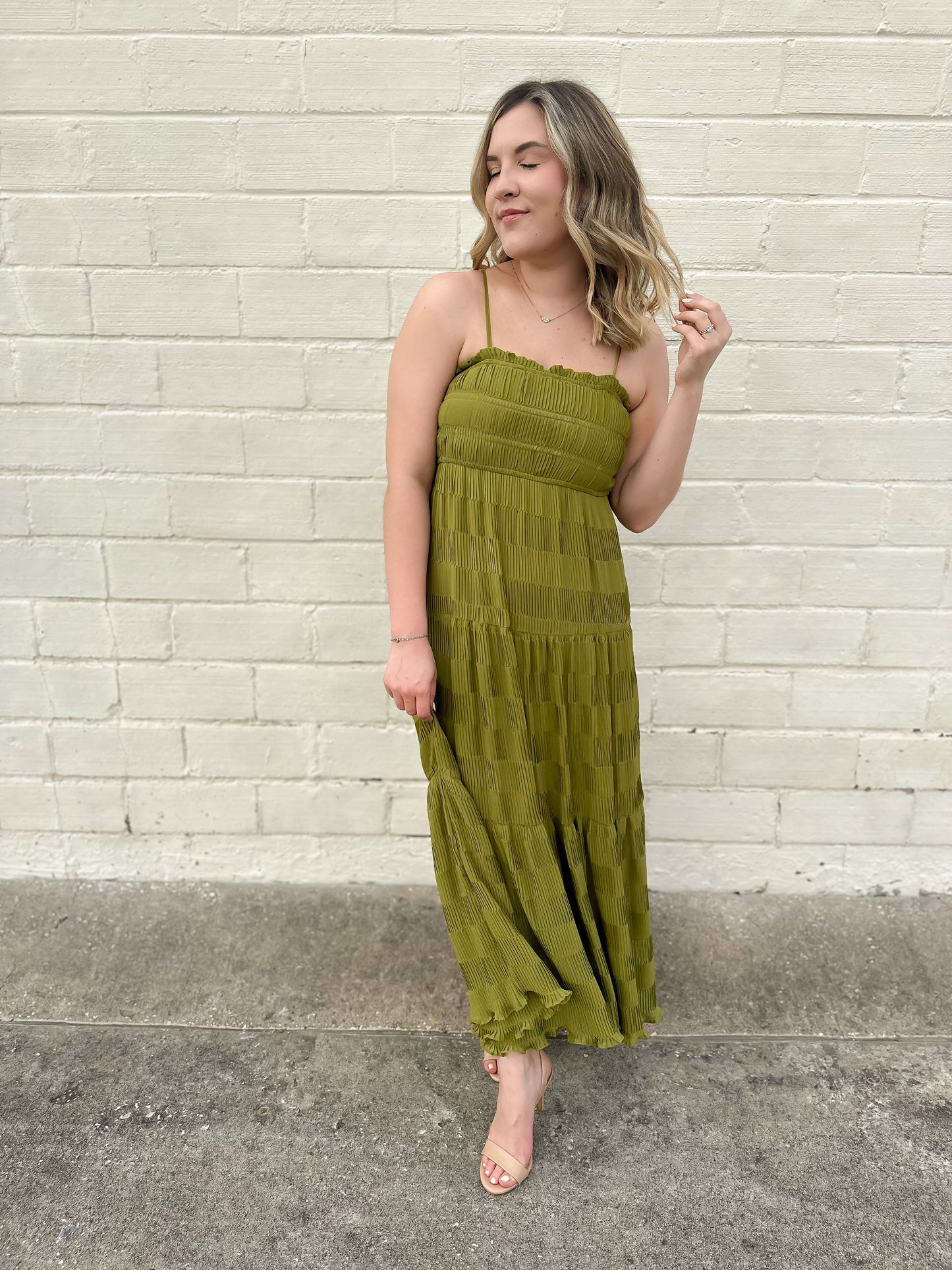 Cherished Memories Kiwi Shirred Midi Dress