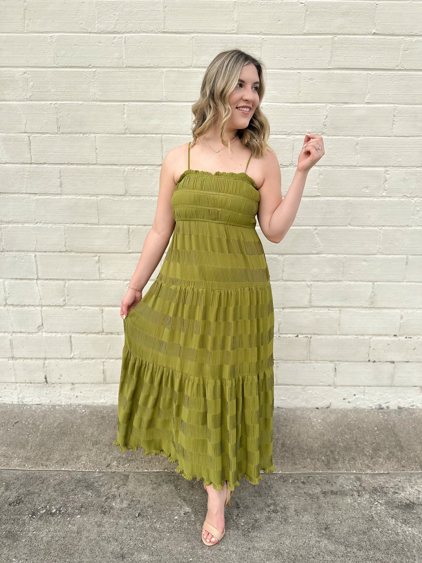 Cherished Memories Kiwi Shirred Midi Dress