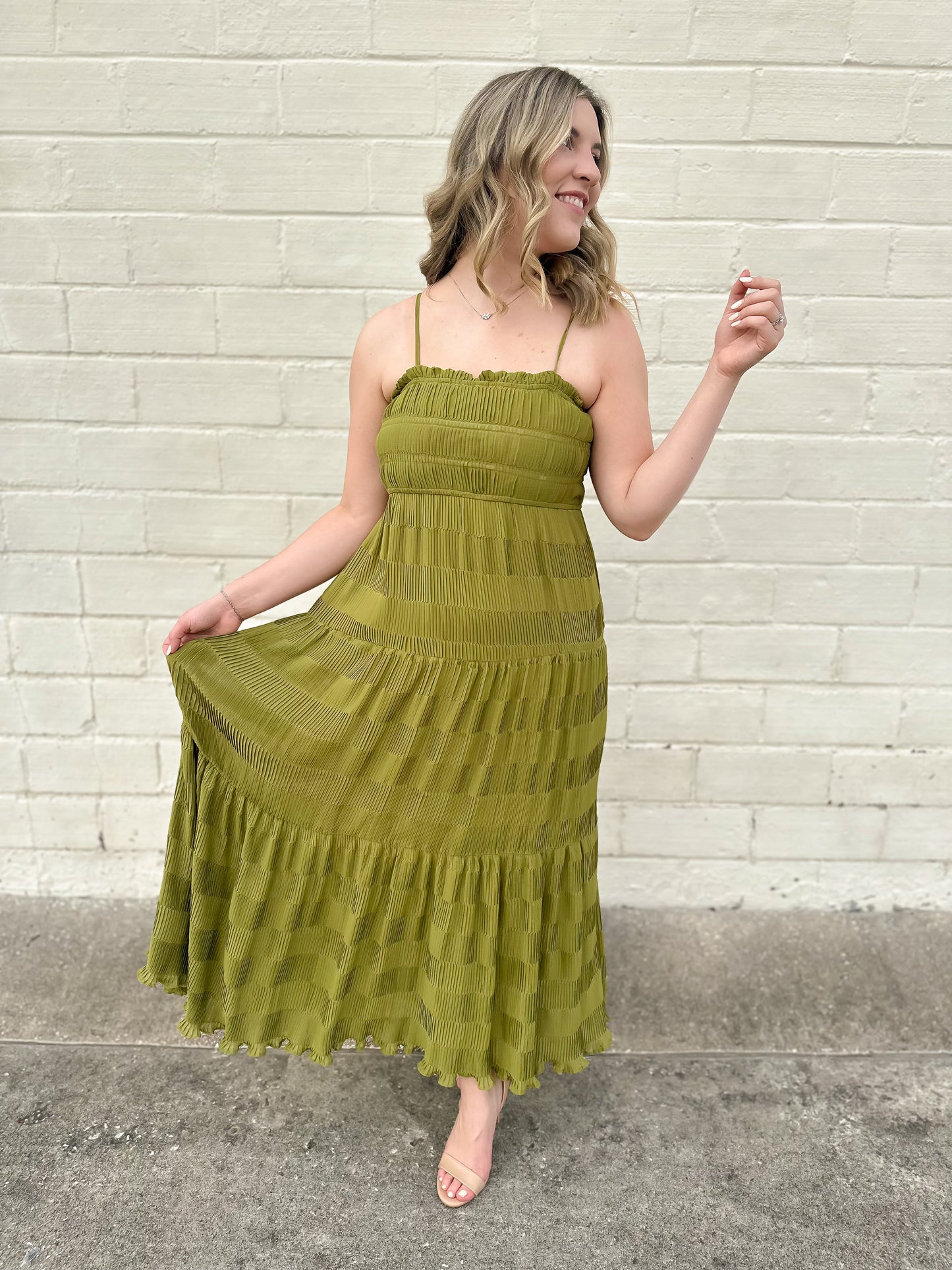 Cherished Memories Kiwi Shirred Midi Dress