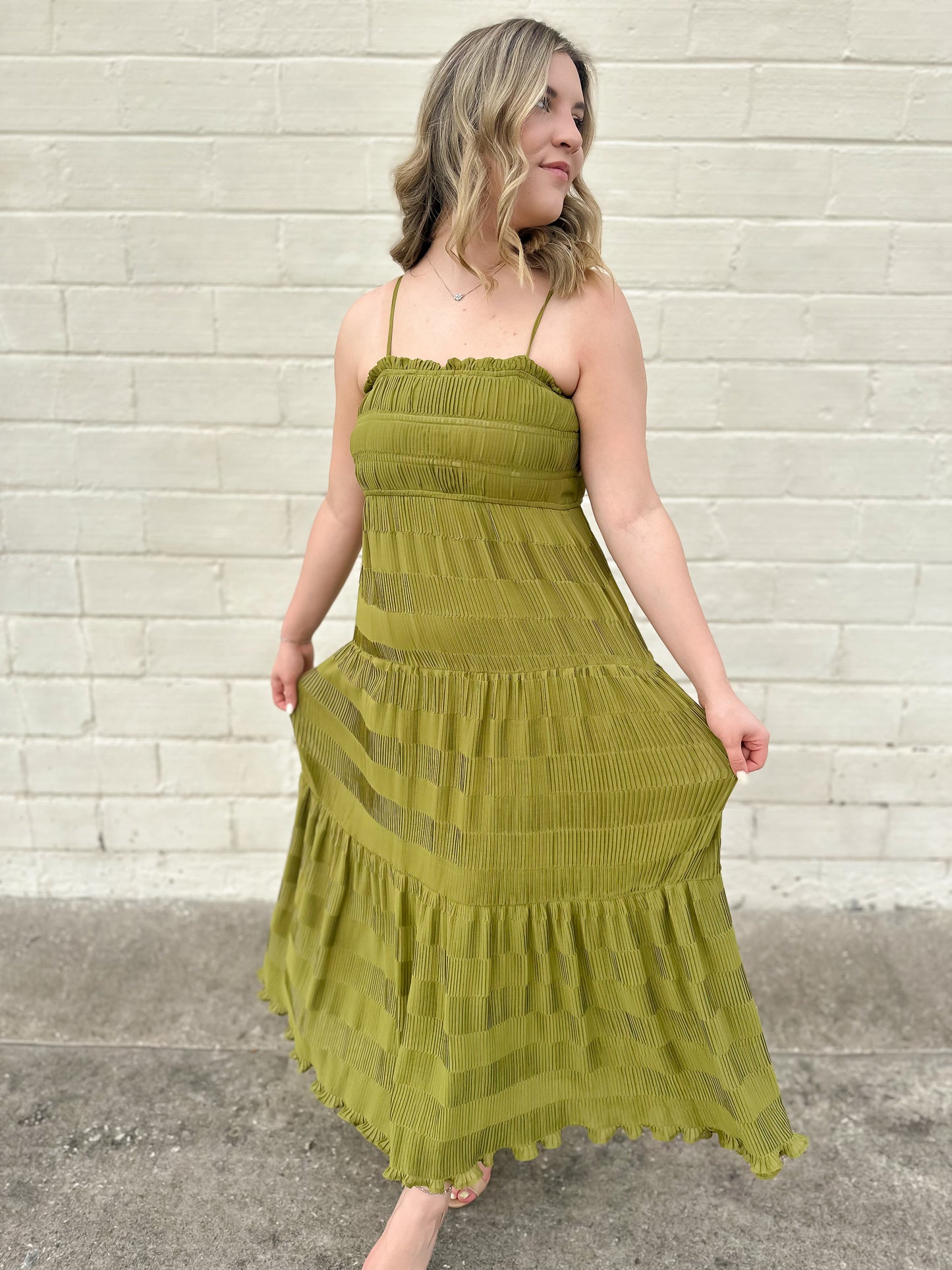 Cherished Memories Kiwi Shirred Midi Dress