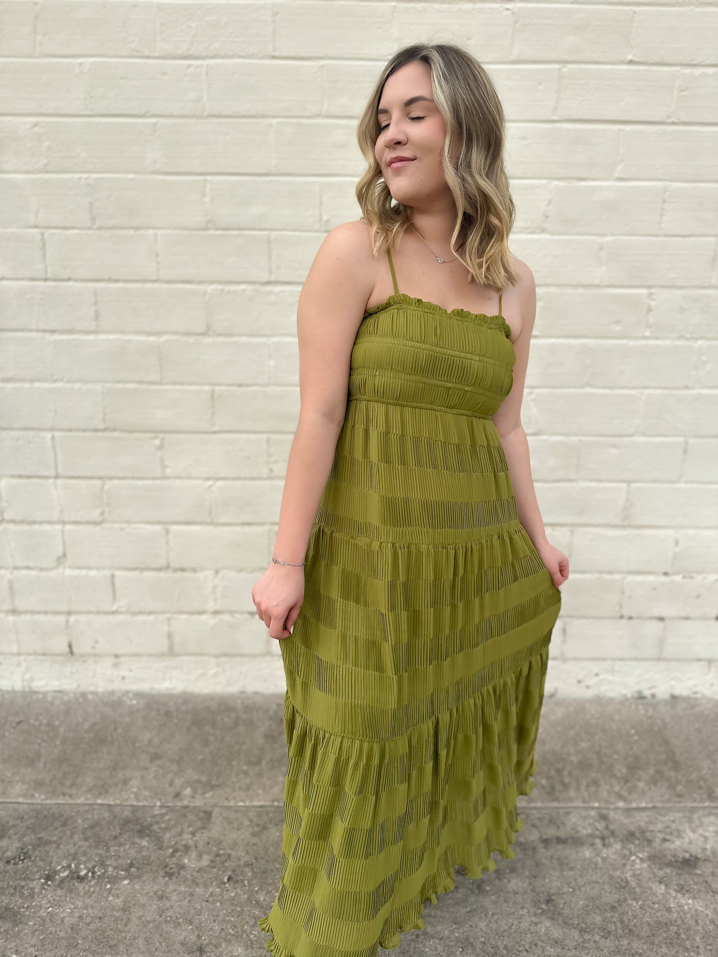 Cherished Memories Kiwi Shirred Midi Dress