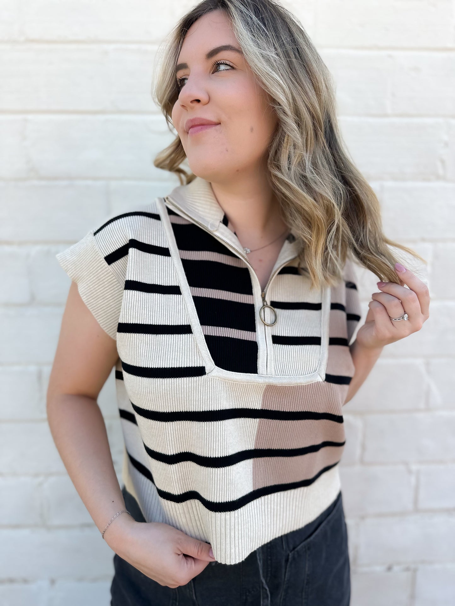 Let It In Contrast Striped Quarter Zip Sweater Top