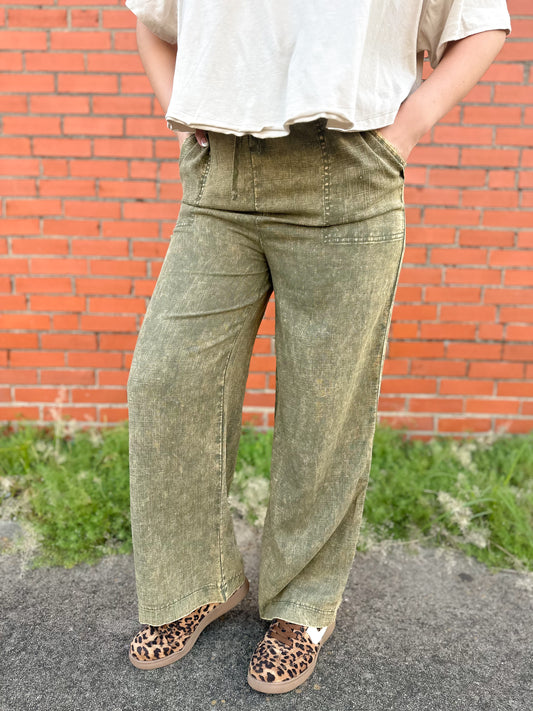 Good Times Olive Mineral Wash Linen Pants