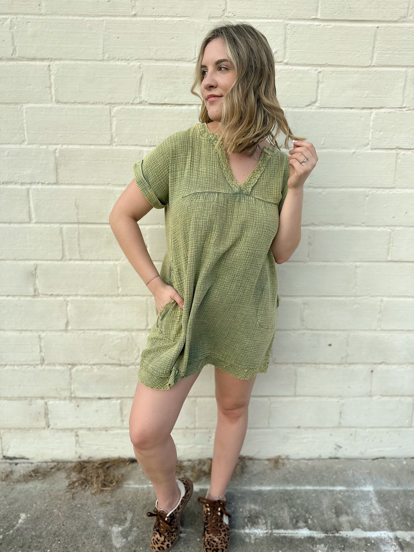 Sense Of Peace Olive Mineral Wash Gauze Mini Dress