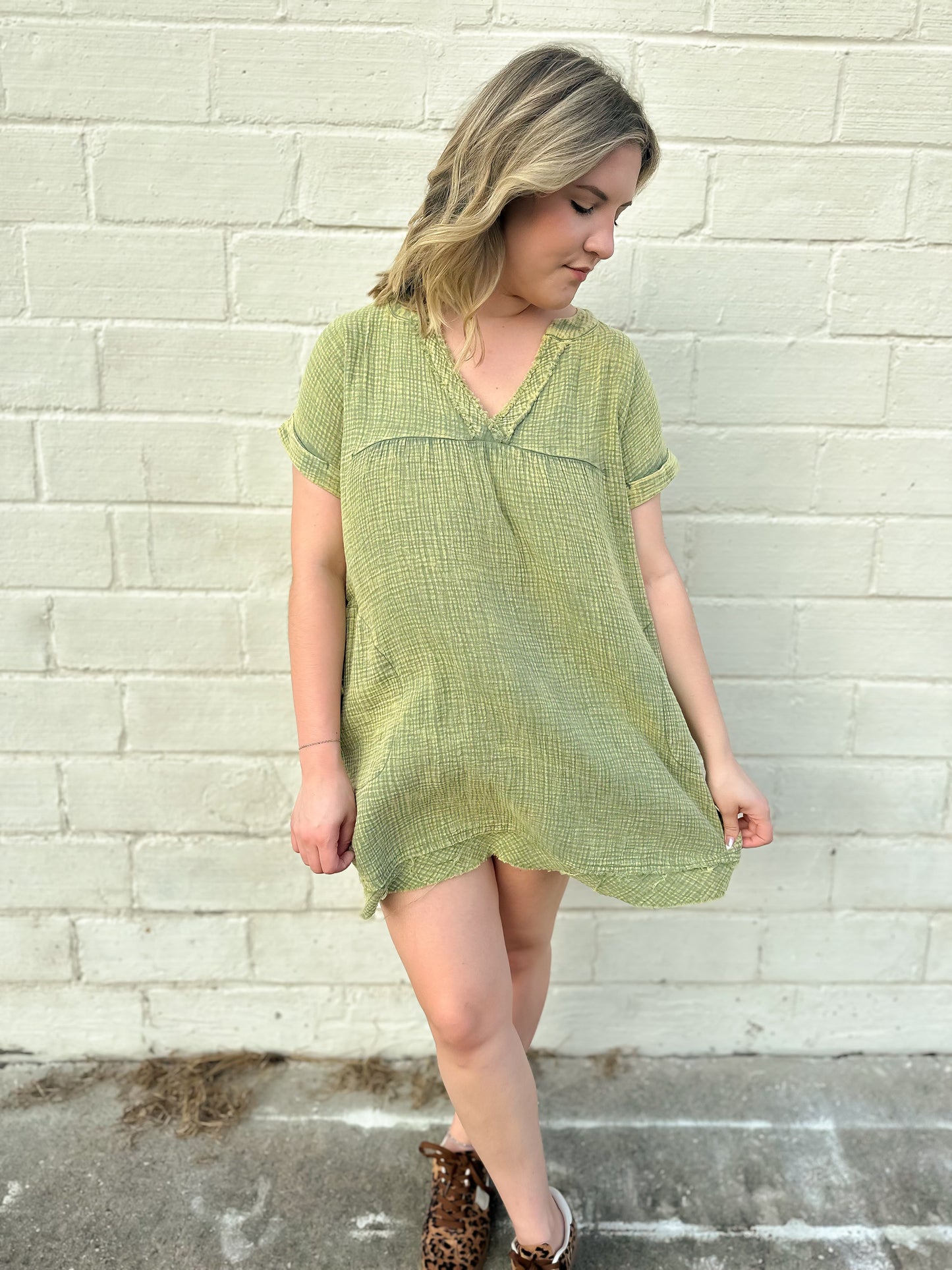 Sense Of Peace Olive Mineral Wash Gauze Mini Dress