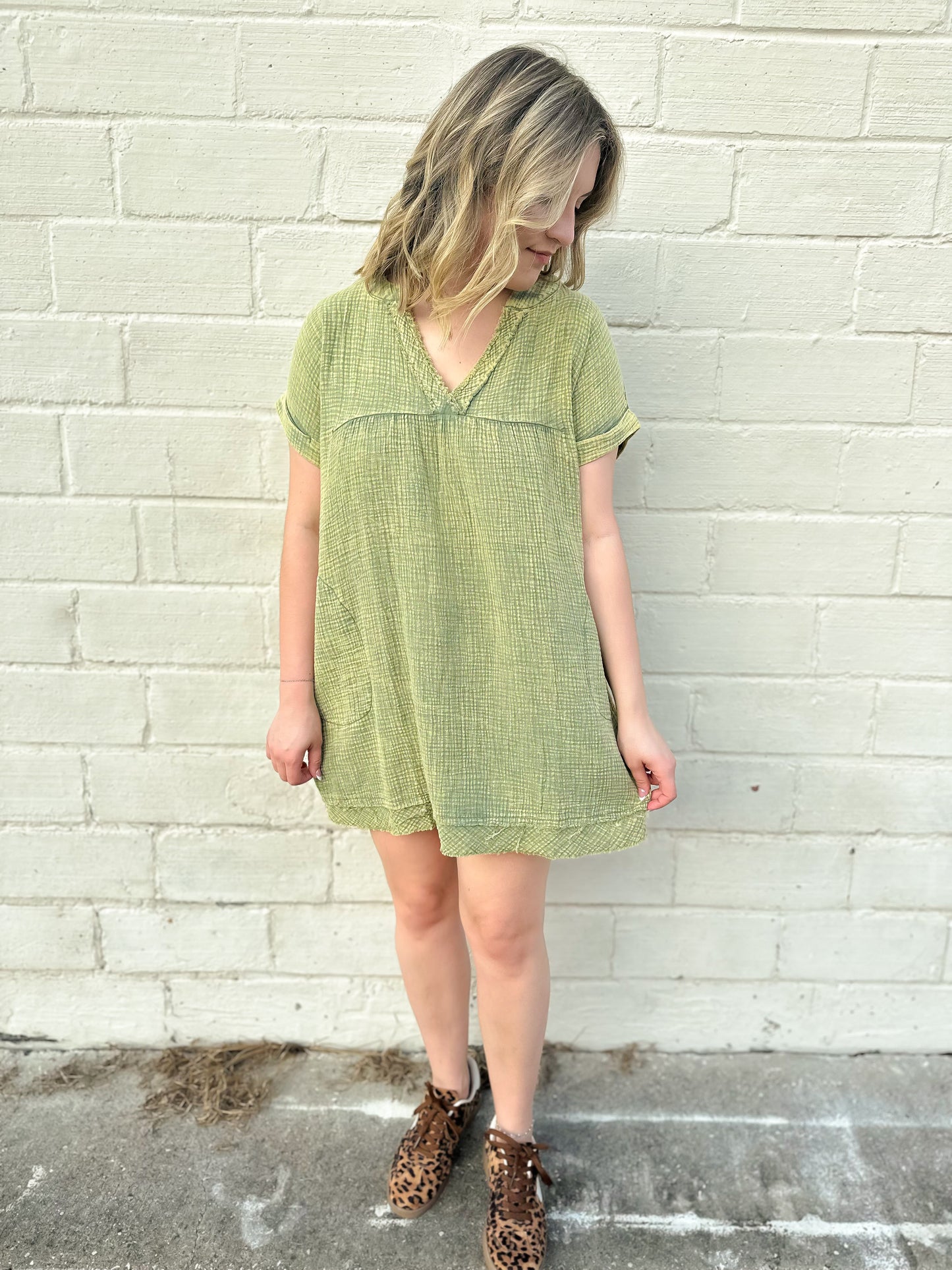 Sense Of Peace Olive Mineral Wash Gauze Mini Dress