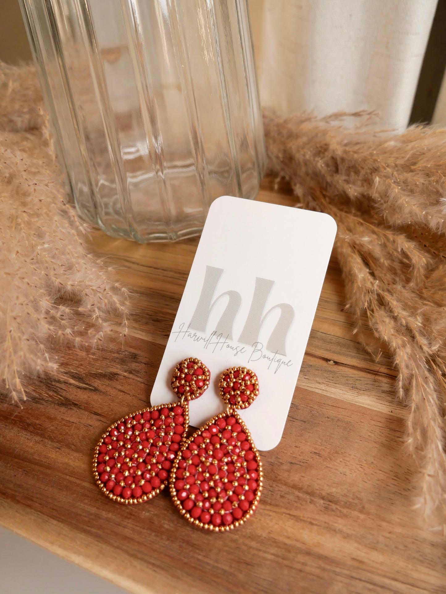 Blissful Day Red Beaded Teardrop Earrings