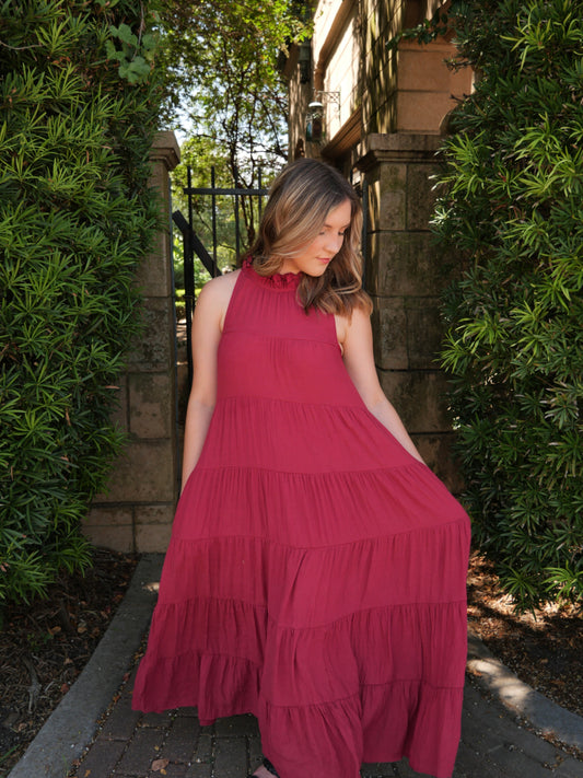 Enchanting Evenings Red Tiered Maxi Dress